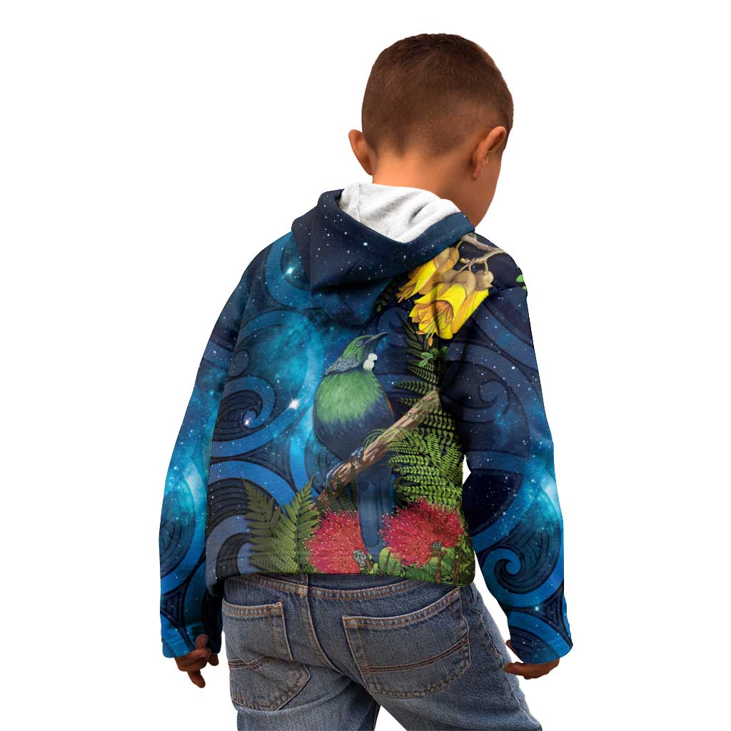 Tui Bird New Zealand Starry Sky Kid Hoodie Maori Koru