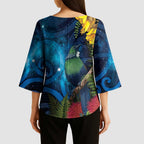 Tui Bird New Zealand Starry Sky Kimono Sleeve Blouse Maori Koru