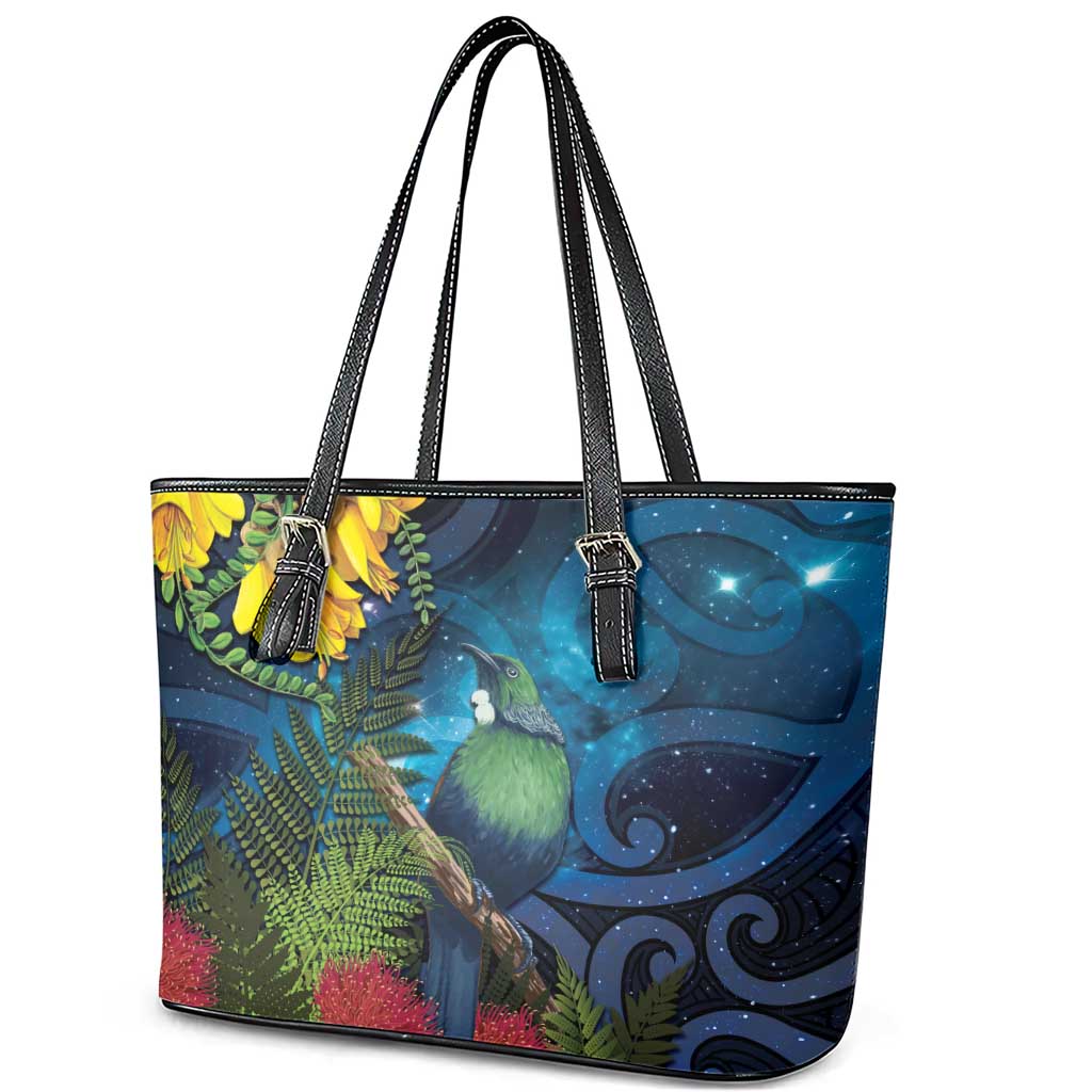 Tui Bird New Zealand Starry Sky Leather Tote Bag Maori Koru