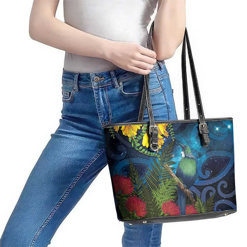 Tui Bird New Zealand Starry Sky Leather Tote Bag Maori Koru