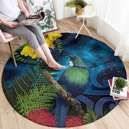 Tui Bird New Zealand Starry Sky Round Carpet Maori Koru