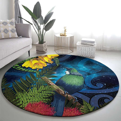 Tui Bird New Zealand Starry Sky Round Carpet Maori Koru