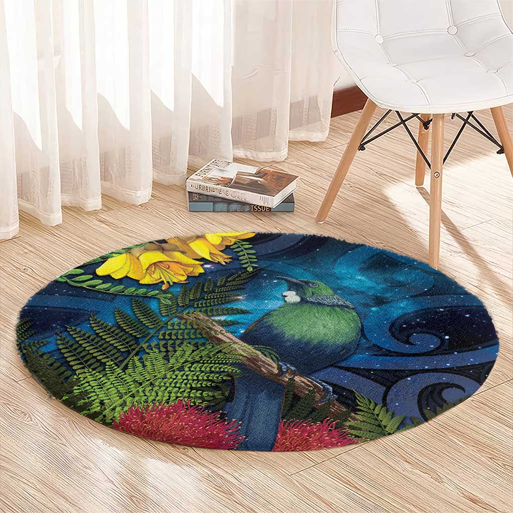 Tui Bird New Zealand Starry Sky Round Carpet Maori Koru