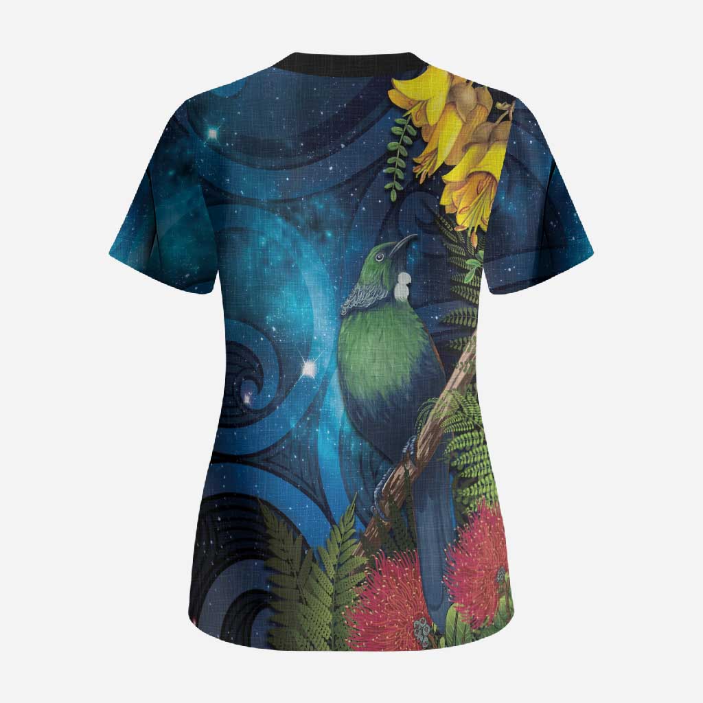 Tui Bird New Zealand Starry Sky Scrub Top Maori Koru