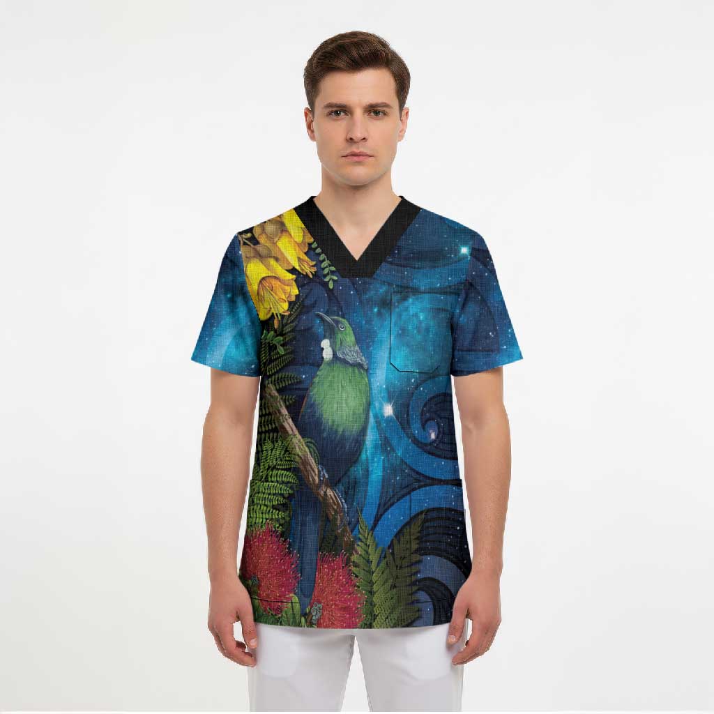 Tui Bird New Zealand Starry Sky Scrub Top Maori Koru