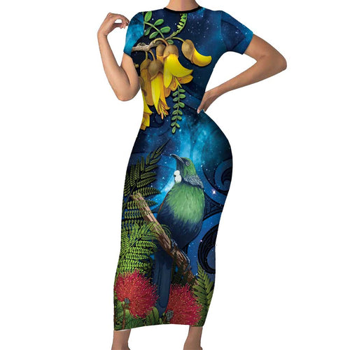 Tui Bird New Zealand Starry Sky Short Sleeve Bodycon Dress Maori Koru