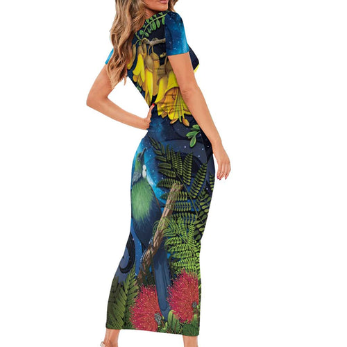 Tui Bird New Zealand Starry Sky Short Sleeve Bodycon Dress Maori Koru