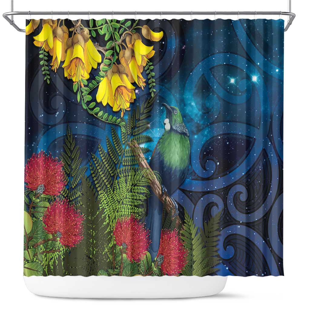 Tui Bird New Zealand Starry Sky Shower Curtain Maori Koru