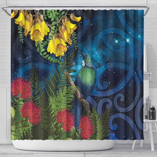 Tui Bird New Zealand Starry Sky Shower Curtain Maori Koru