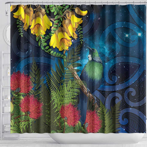 Tui Bird New Zealand Starry Sky Shower Curtain Maori Koru