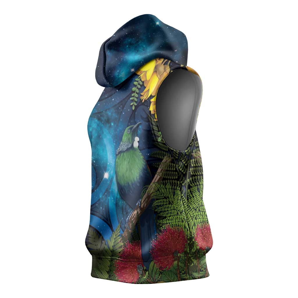 Tui Bird New Zealand Starry Sky Sleeveless Hoodie Maori Koru