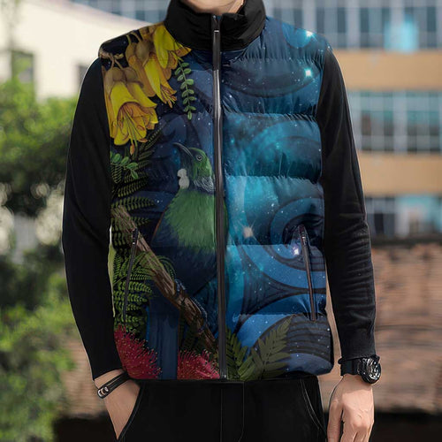 Tui Bird New Zealand Starry Sky Sleeveless Puffer Jacket Maori Koru