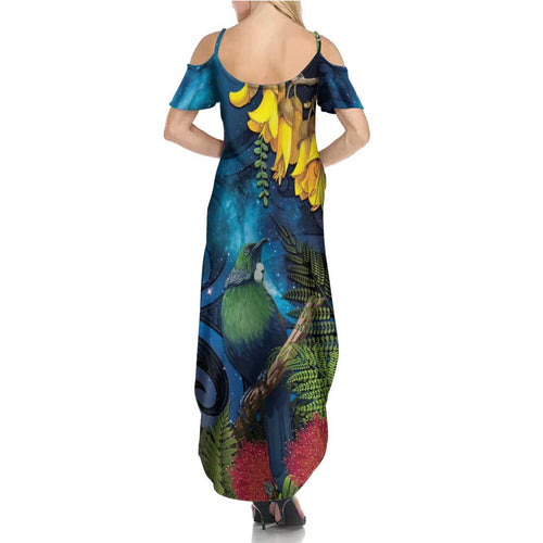 Tui Bird New Zealand Starry Sky Summer Maxi Dress Maori Koru