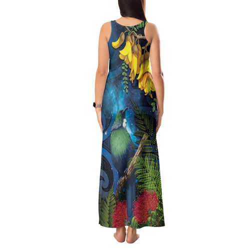 Tui Bird New Zealand Starry Sky Tank Maxi Dress Maori Koru
