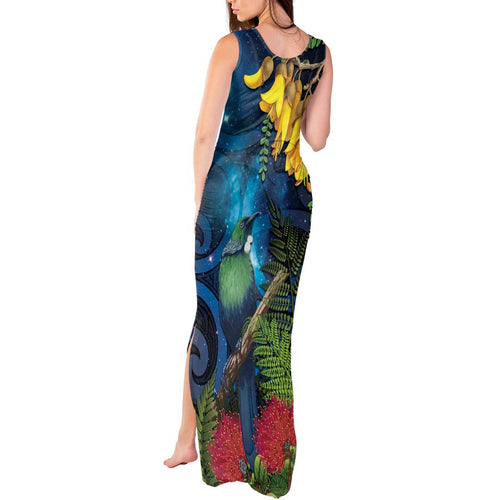 Tui Bird New Zealand Starry Sky Tank Maxi Dress Maori Koru