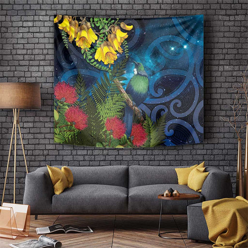 Tui Bird New Zealand Starry Sky Tapestry Maori Koru