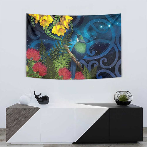 Tui Bird New Zealand Starry Sky Tapestry Maori Koru