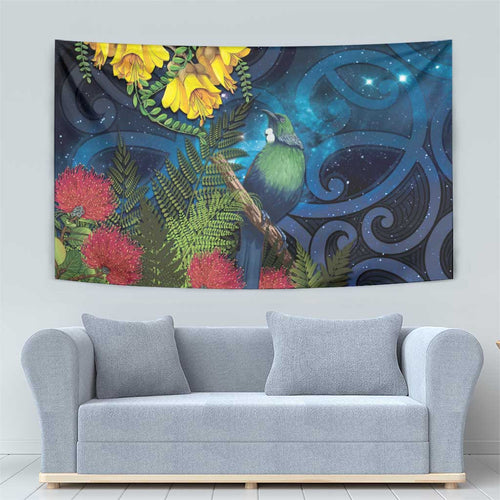 Tui Bird New Zealand Starry Sky Tapestry Maori Koru