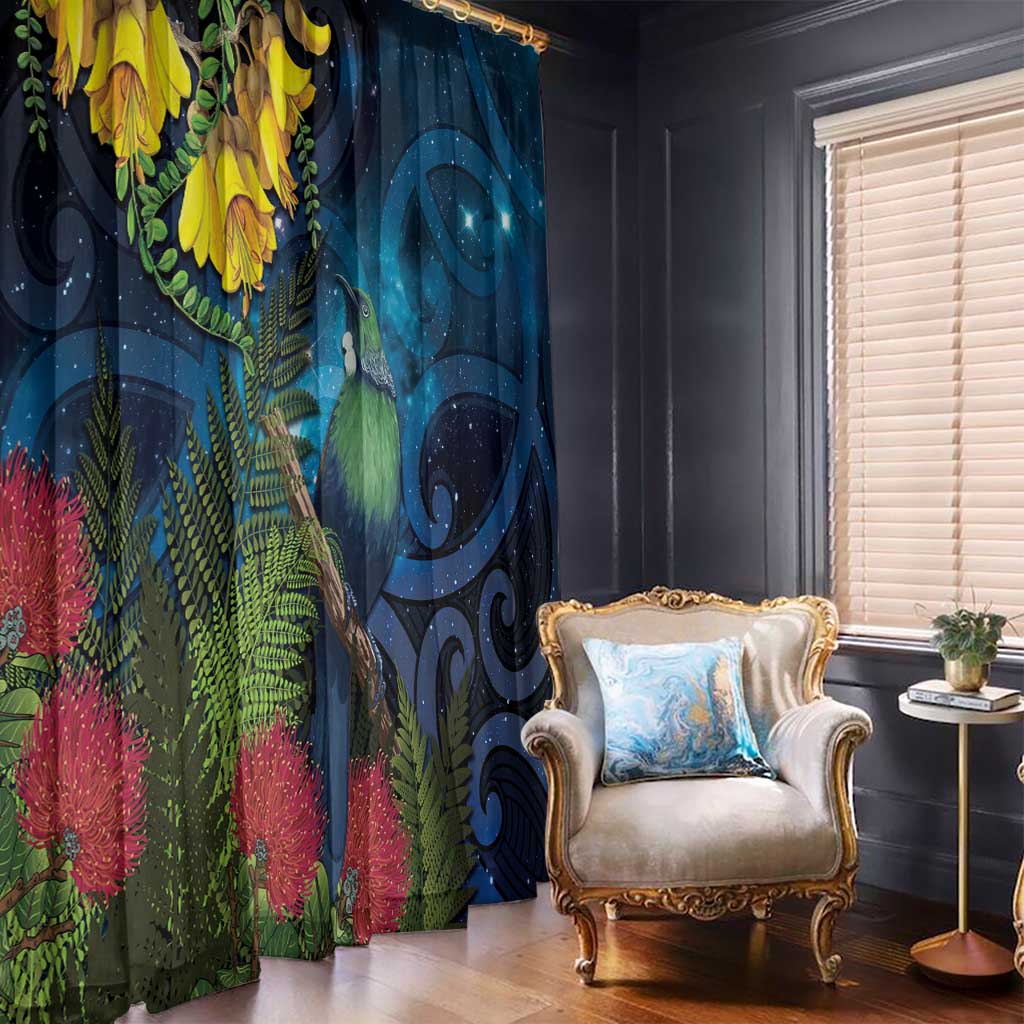 Tui Bird New Zealand Starry Sky Window Curtain Maori Koru