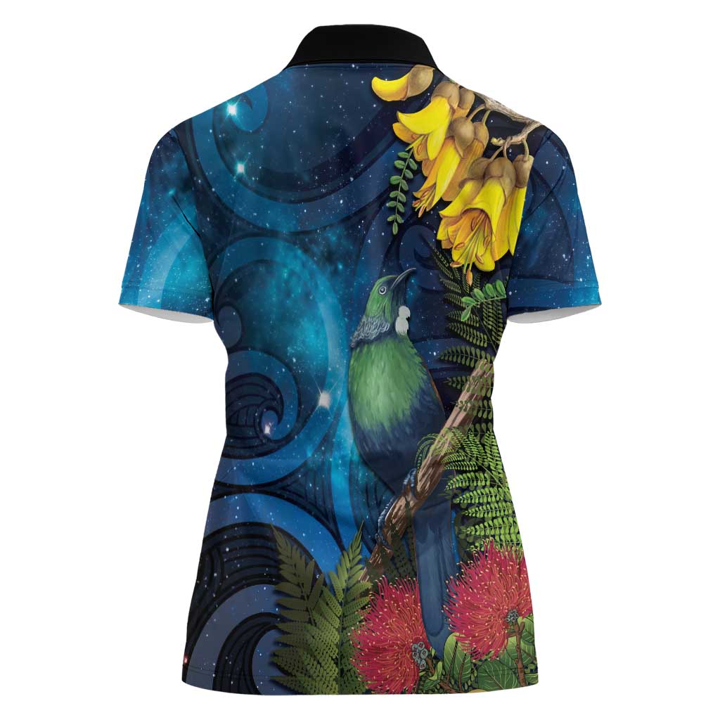 Tui Bird New Zealand Starry Sky Women Polo Shirt Maori Koru