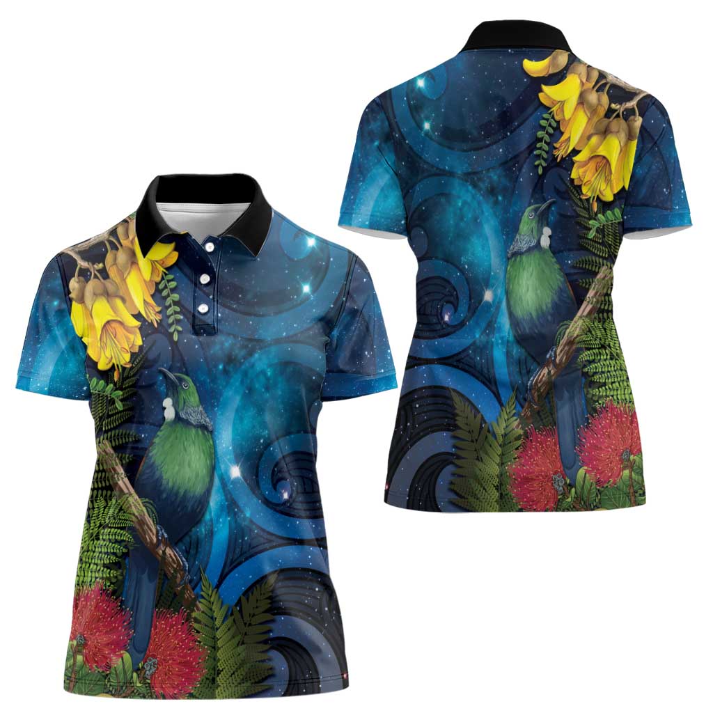Tui Bird New Zealand Starry Sky Women Polo Shirt Maori Koru