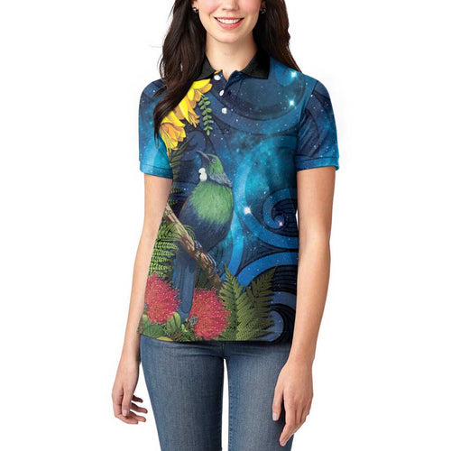 Tui Bird New Zealand Starry Sky Women Polo Shirt Maori Koru