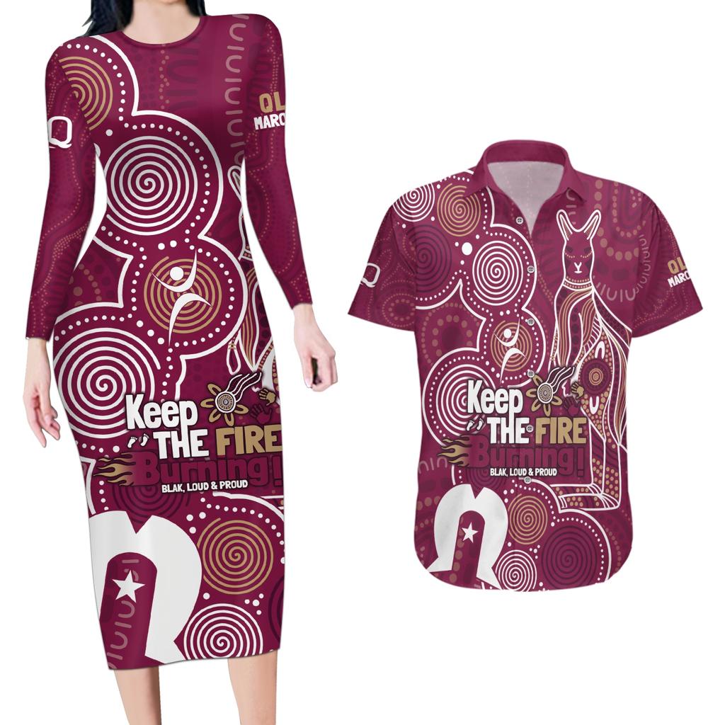 NAIDOC Week Couples Matching Long Sleeve Bodycon Dress and Hawaiian Shirt QLD Maroons Kangaroo