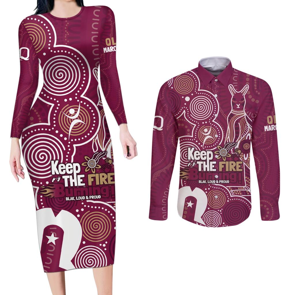 NAIDOC Week Couples Matching Long Sleeve Bodycon Dress and Long Sleeve Button Shirt QLD Maroons Kangaroo