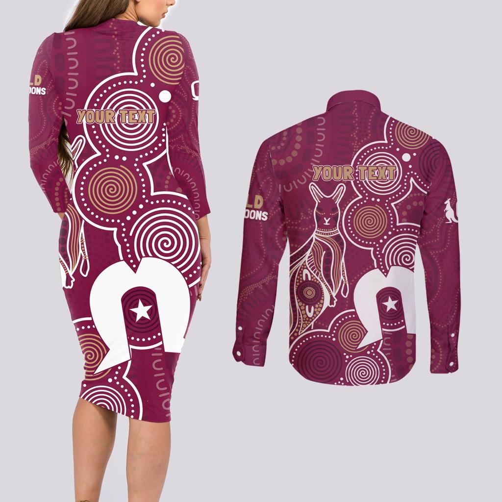 NAIDOC Week Couples Matching Long Sleeve Bodycon Dress and Long Sleeve Button Shirt QLD Maroons Kangaroo