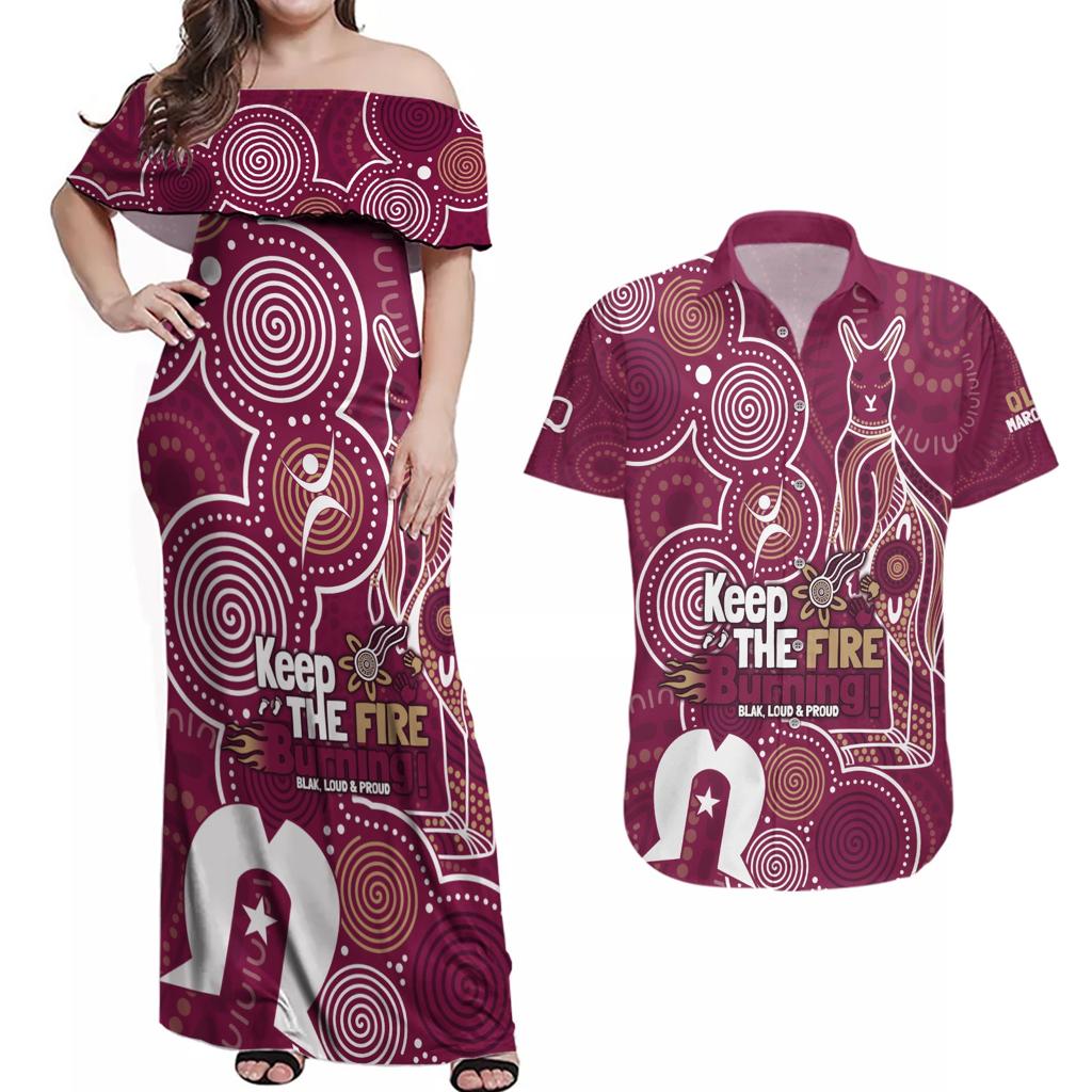 NAIDOC Week Couples Matching Off Shoulder Maxi Dress and Hawaiian Shirt QLD Maroons Kangaroo