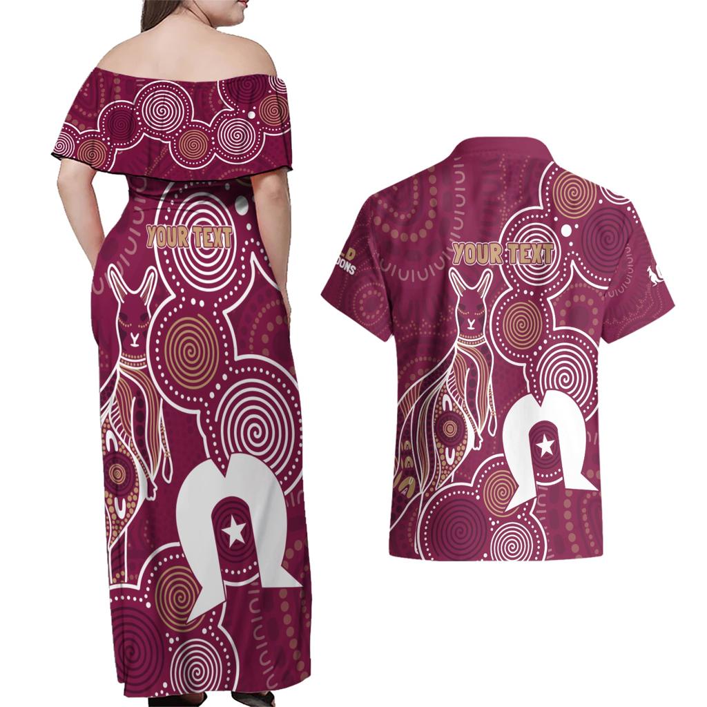 NAIDOC Week Couples Matching Off Shoulder Maxi Dress and Hawaiian Shirt QLD Maroons Kangaroo