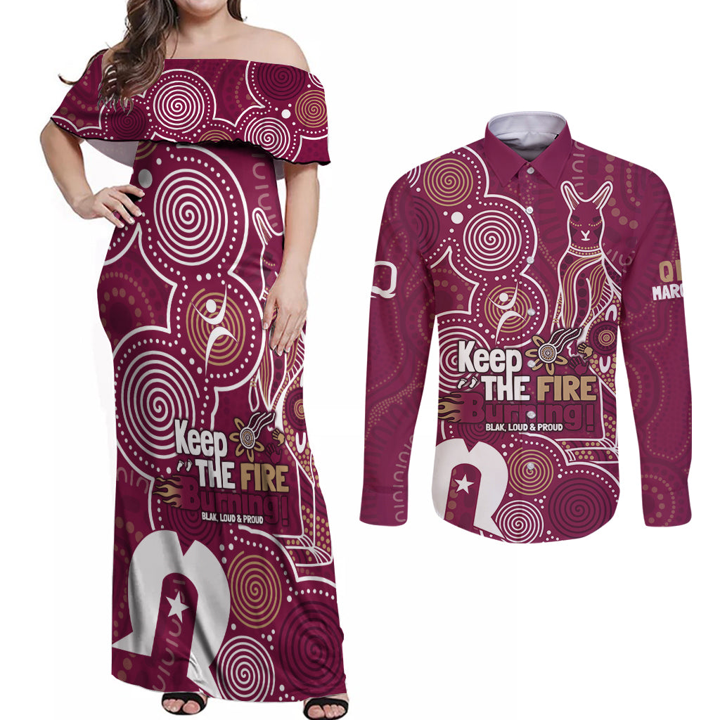 NAIDOC Week Couples Matching Off Shoulder Maxi Dress and Long Sleeve Button Shirt QLD Maroons Kangaroo