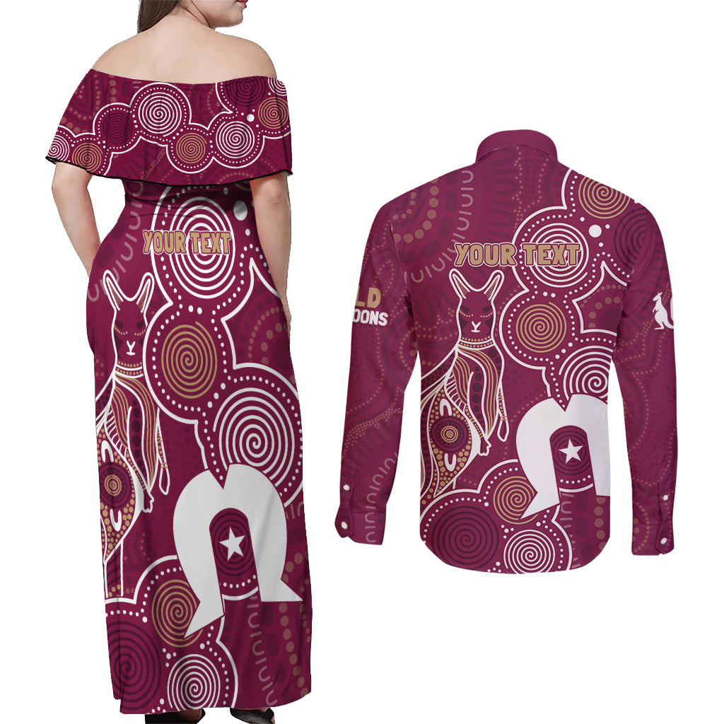 NAIDOC Week Couples Matching Off Shoulder Maxi Dress and Long Sleeve Button Shirt QLD Maroons Kangaroo