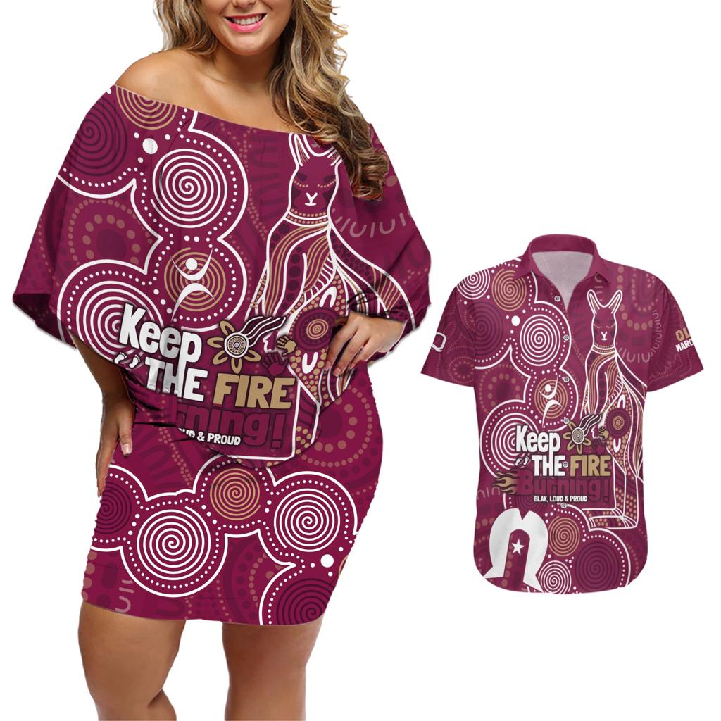 NAIDOC Week Couples Matching Off Shoulder Short Dress and Hawaiian Shirt QLD Maroons Kangaroo