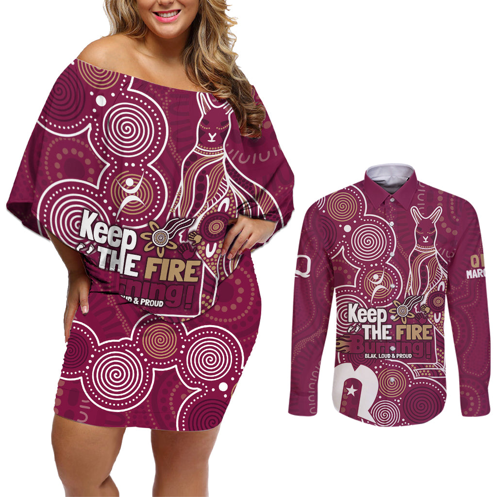 NAIDOC Week Couples Matching Off Shoulder Short Dress and Long Sleeve Button Shirt QLD Maroons Kangaroo