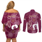 NAIDOC Week Couples Matching Off Shoulder Short Dress and Long Sleeve Button Shirt QLD Maroons Kangaroo