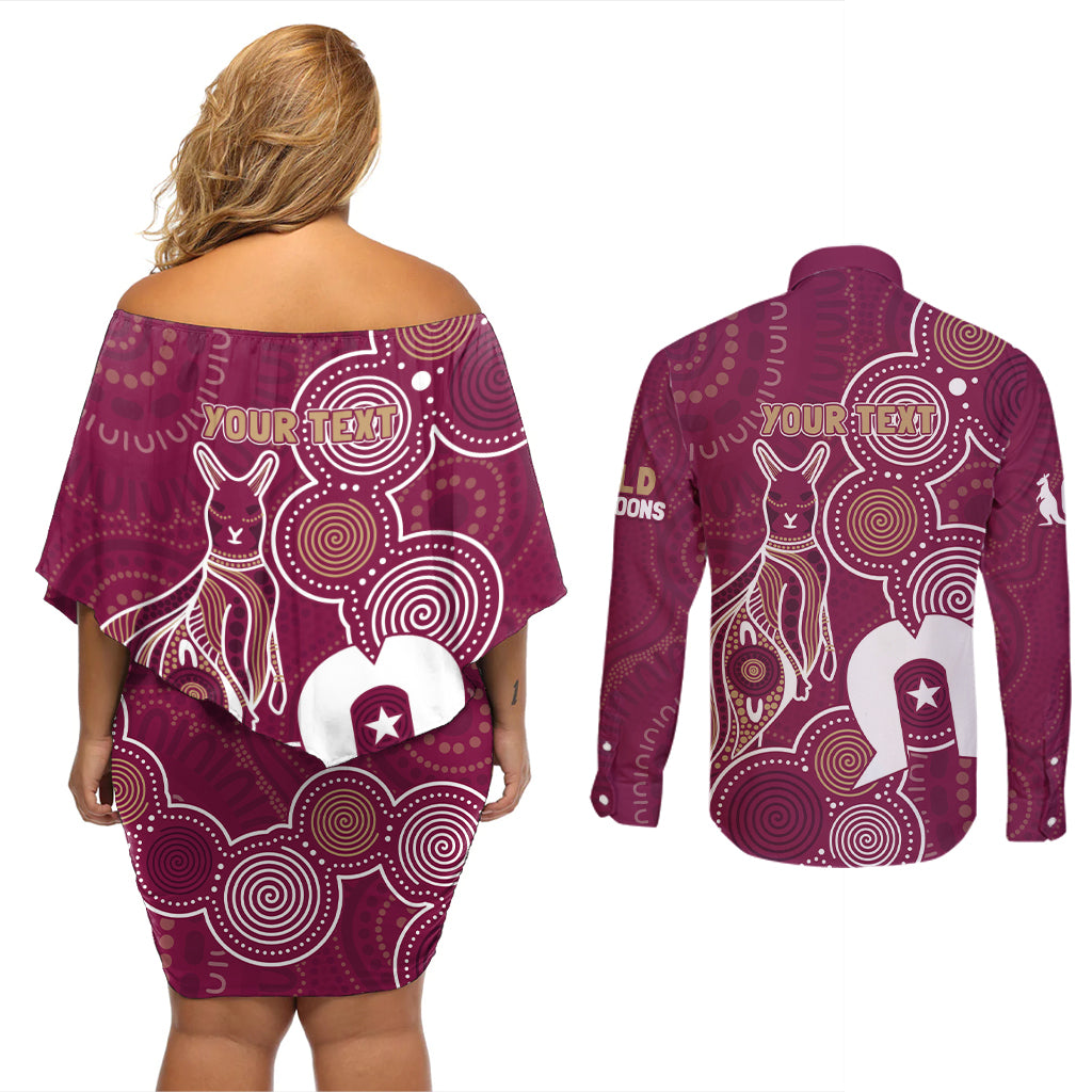 NAIDOC Week Couples Matching Off Shoulder Short Dress and Long Sleeve Button Shirt QLD Maroons Kangaroo