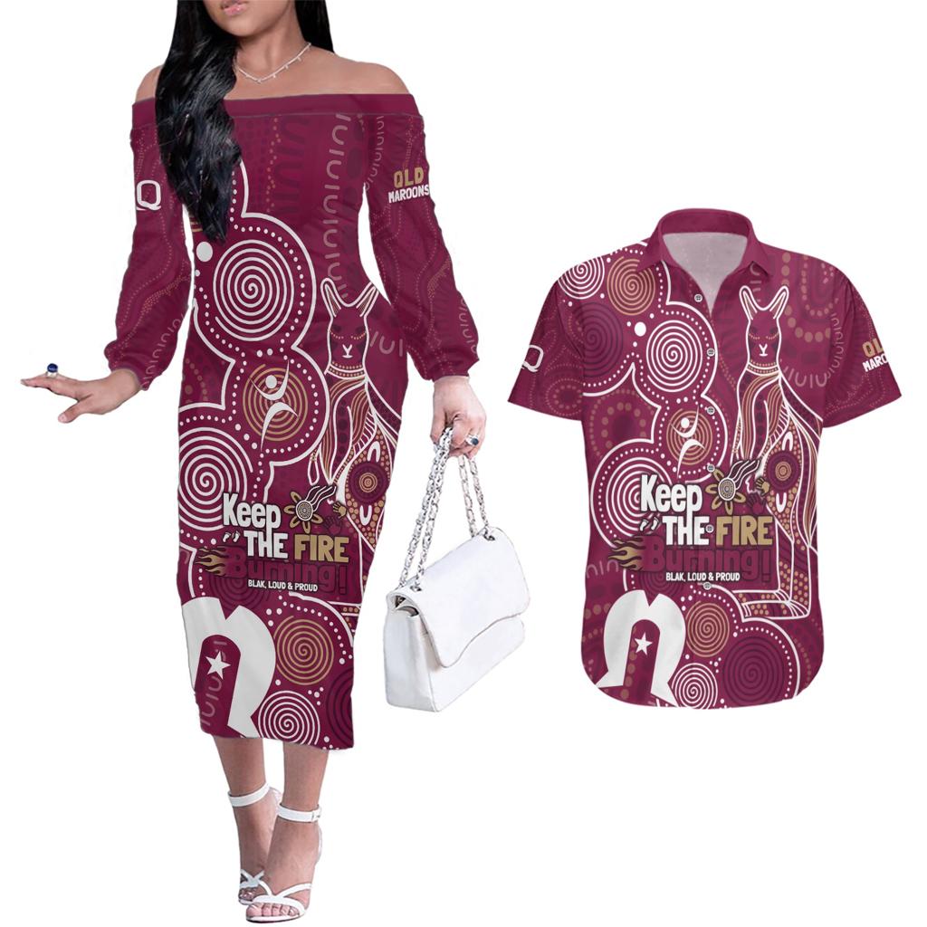 NAIDOC Week Couples Matching Off The Shoulder Long Sleeve Dress and Hawaiian Shirt QLD Maroons Kangaroo