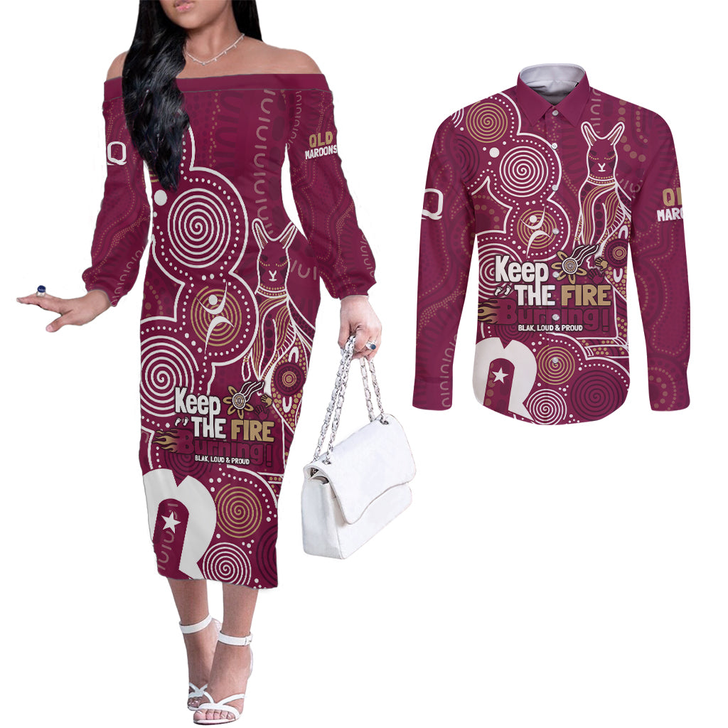 NAIDOC Week Couples Matching Off The Shoulder Long Sleeve Dress and Long Sleeve Button Shirt QLD Maroons Kangaroo