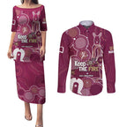 NAIDOC Week Couples Matching Puletasi and Long Sleeve Button Shirt QLD Maroons Kangaroo