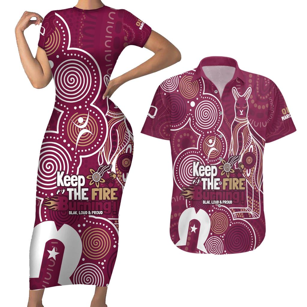 NAIDOC Week Couples Matching Short Sleeve Bodycon Dress and Hawaiian Shirt QLD Maroons Kangaroo