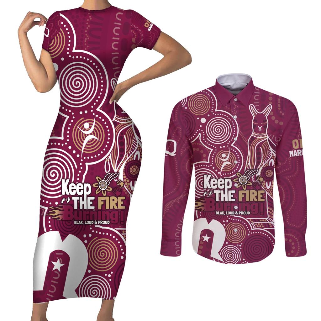 NAIDOC Week Couples Matching Short Sleeve Bodycon Dress and Long Sleeve Button Shirt QLD Maroons Kangaroo