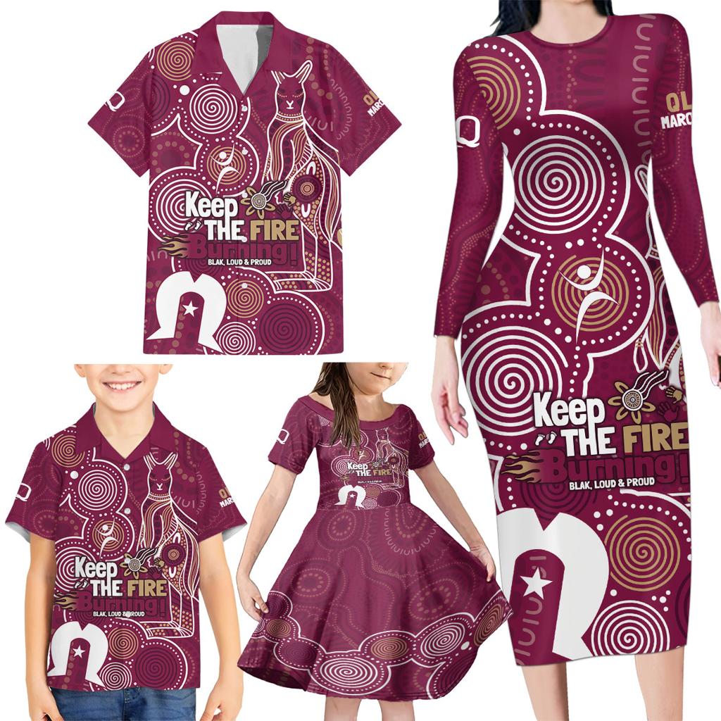 NAIDOC Week Family Matching Long Sleeve Bodycon Dress and Hawaiian Shirt QLD Maroons Kangaroo