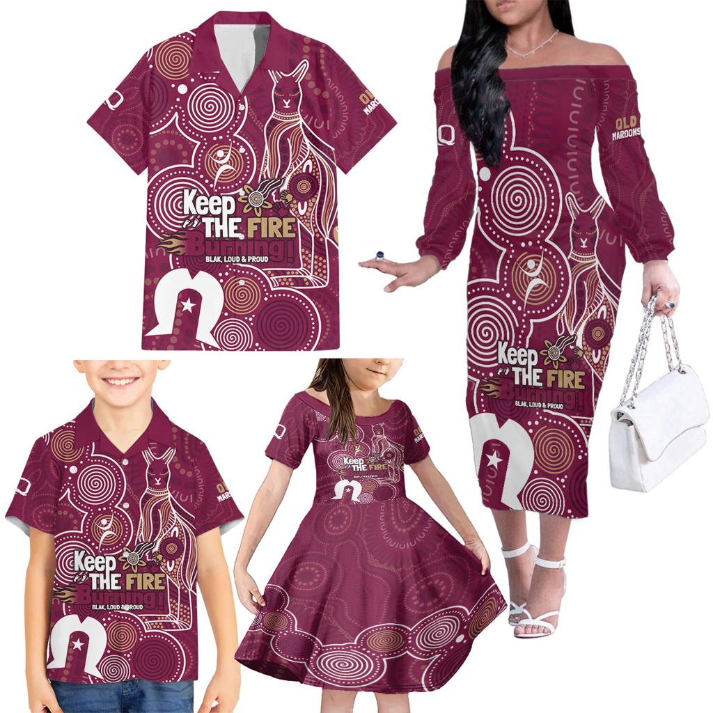 NAIDOC Week Family Matching Off The Shoulder Long Sleeve Dress and Hawaiian Shirt QLD Maroons Kangaroo
