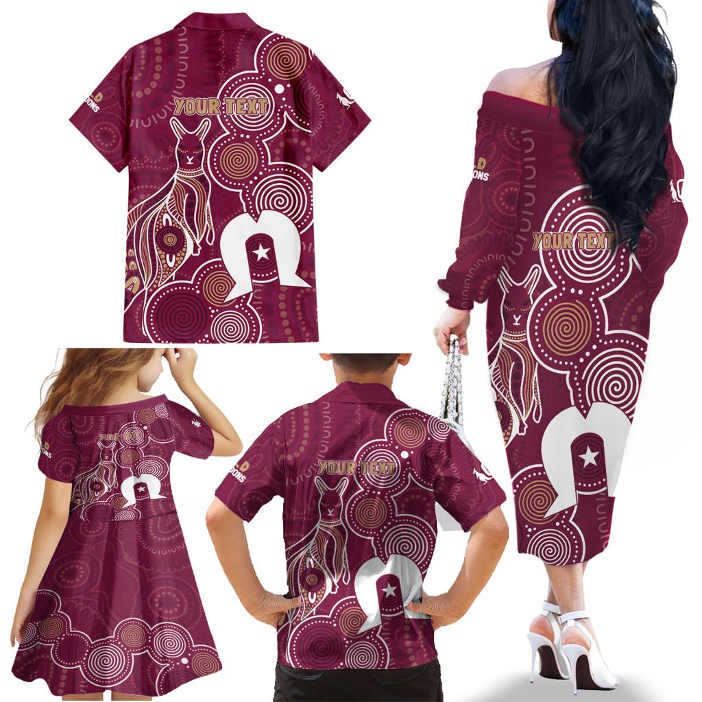 NAIDOC Week Family Matching Off The Shoulder Long Sleeve Dress and Hawaiian Shirt QLD Maroons Kangaroo
