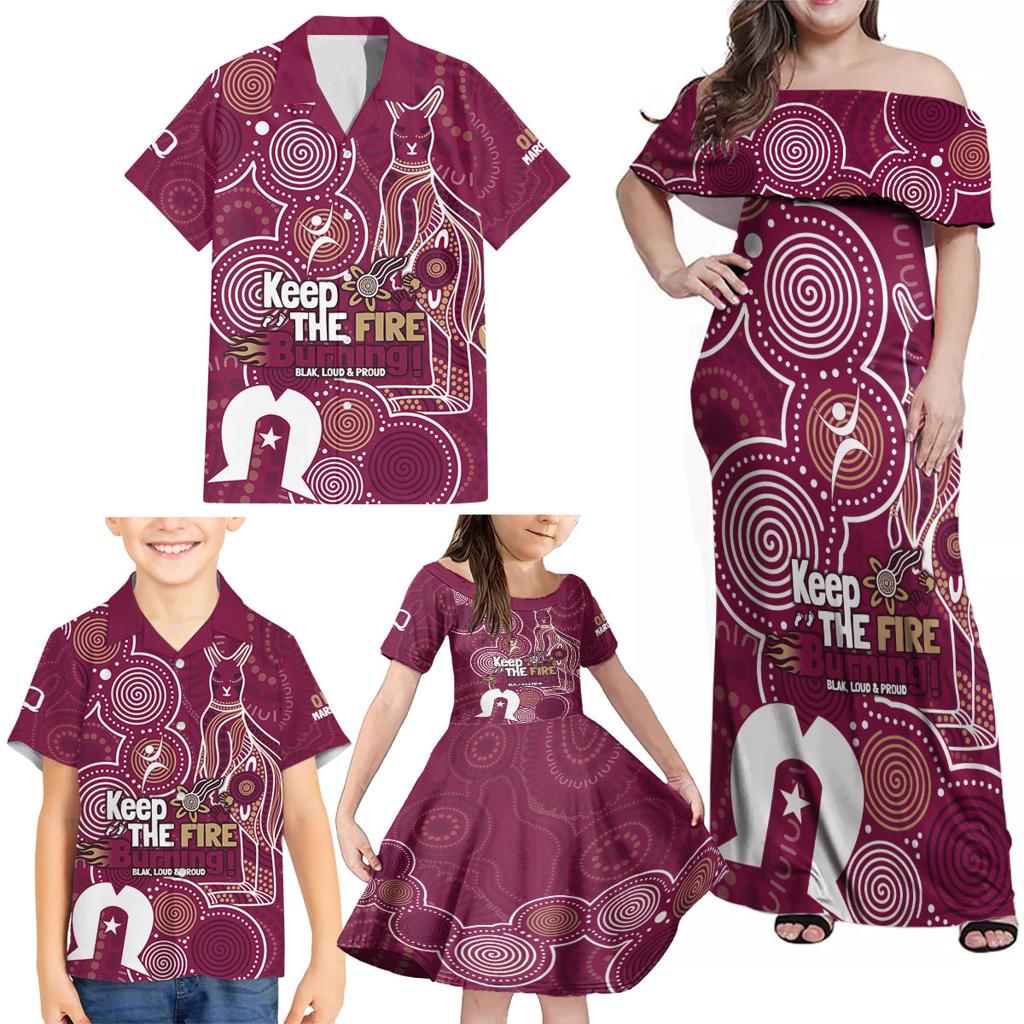 NAIDOC Week Family Matching Off Shoulder Maxi Dress and Hawaiian Shirt QLD Maroons Kangaroo