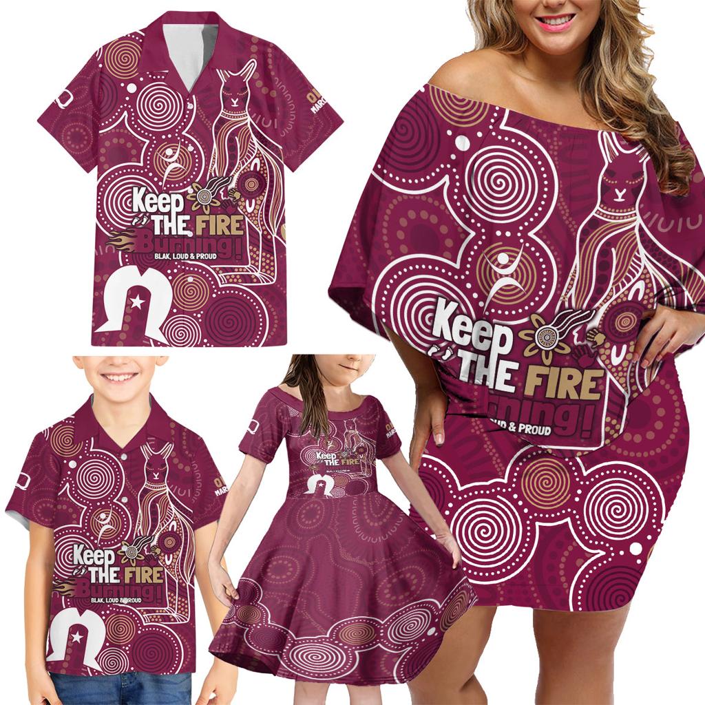 NAIDOC Week Family Matching Off Shoulder Short Dress and Hawaiian Shirt QLD Maroons Kangaroo