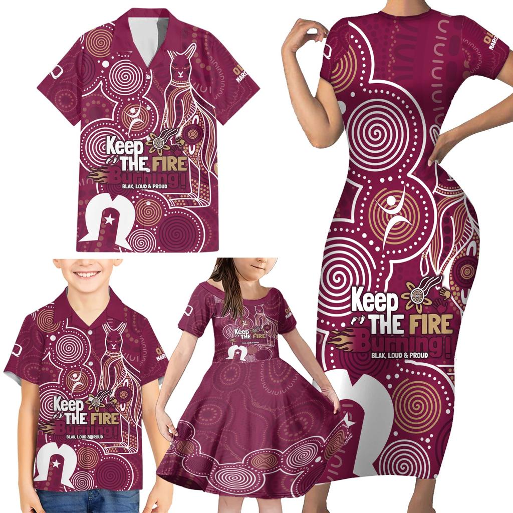 NAIDOC Week Family Matching Short Sleeve Bodycon Dress and Hawaiian Shirt QLD Maroons Kangaroo