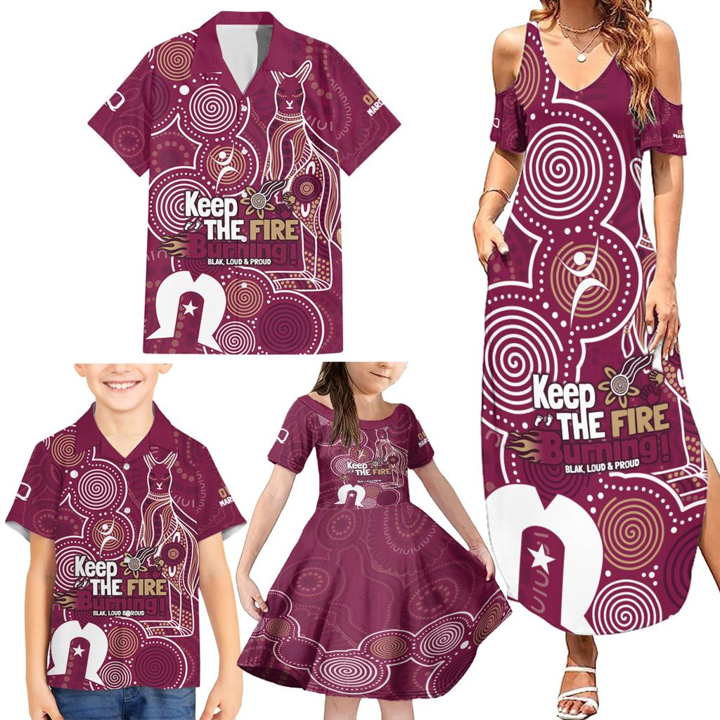 NAIDOC Week Family Matching Summer Maxi Dress and Hawaiian Shirt QLD Maroons Kangaroo