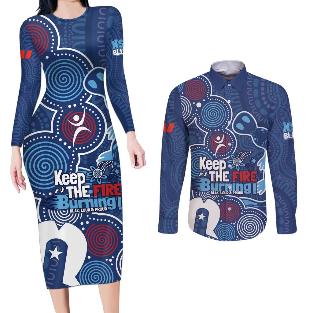 NAIDOC Week Couples Matching Long Sleeve Bodycon Dress and Long Sleeve Button Shirt NSW Blues Platypus